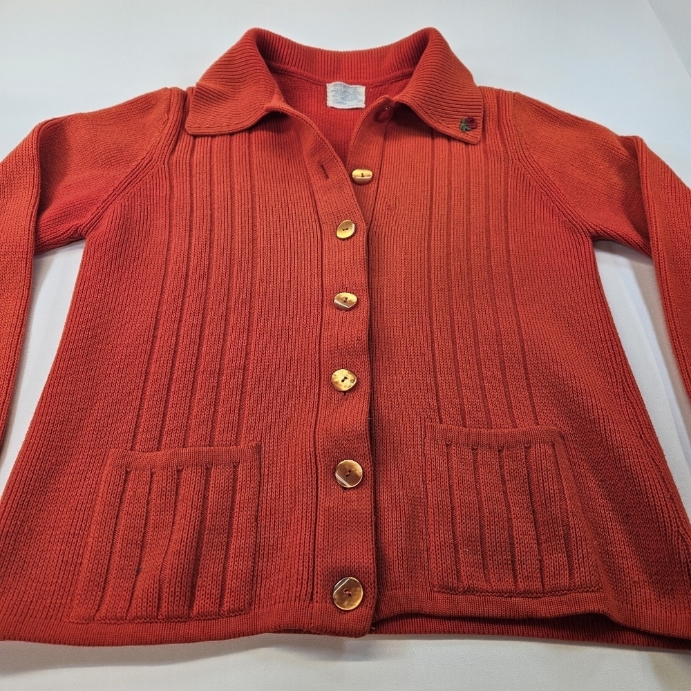 Vintage Sears Button Up Sweater Cardigan Women Orange Red Orlon Acrylic Pockets
